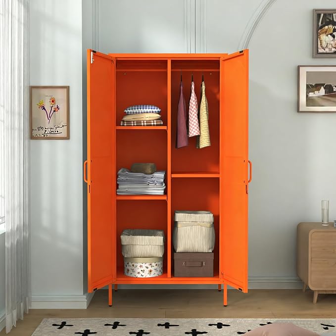 67" Industrial Lockable Metal 2-Door Wardrobe Storage Cabinet with Hanging Rod & Adjustable Shelves, Heavy Duty Multipurpose for Bedroom, Garage, Home Office, Orange 67" H X 31.5" W X 18.1" D