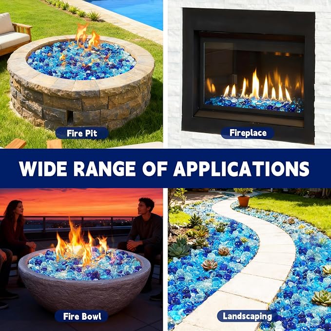 20 Pounds Fire Glass Rocks, 3/4 Mixed Color Fire Glass Beads for Propane Fire Pit, Fireplace and Outdoor Decorative (Caribbean Blue+Cobalt Blue+Crystal Ice)