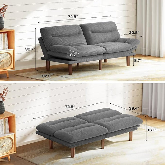 Marsail 75" Convertible Futon Sofa Bed, Corduroy Futon Couch with Adjustable Backrest & Armrests, Small Sleeper Sofa Loveseat for Living Room, Apartment, Office, Light Gray