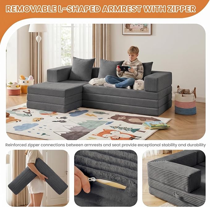 Boneless Couch Small,Convertible Sleeper Sofa Bed, Modular Sectional Sofa, Modern Tri-Folding Cloud Couch with L-Shape Chaise, Corduroy Futon Couches for Small Spaces Apartment,No Assembly