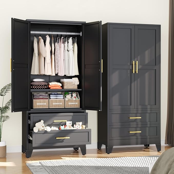erosoei Metal Armoire Wardrobe Closet, 71 "Metal Clothing Storage Cabinet | with Adjustable Shelves and Hanging Rod, Household Steel Wardrobe Storage Cabinet with Drawers (Armoire-Black)