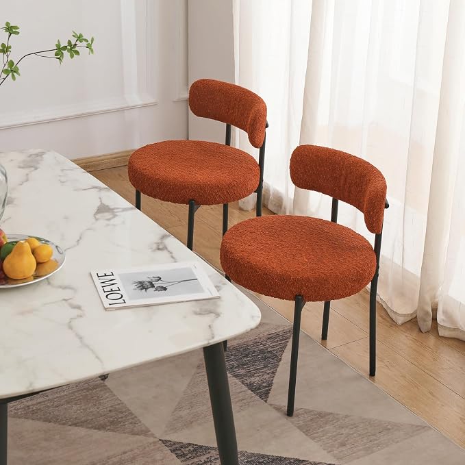EDWELL Orange Dining Chairs Set of 2, Upholstered Dining Room Chairs, Curved Backrest Boucle Dining Chair for Kitchen, Living Room, Mid-Century Modern Kitchen Chairs with Black Metal Legs