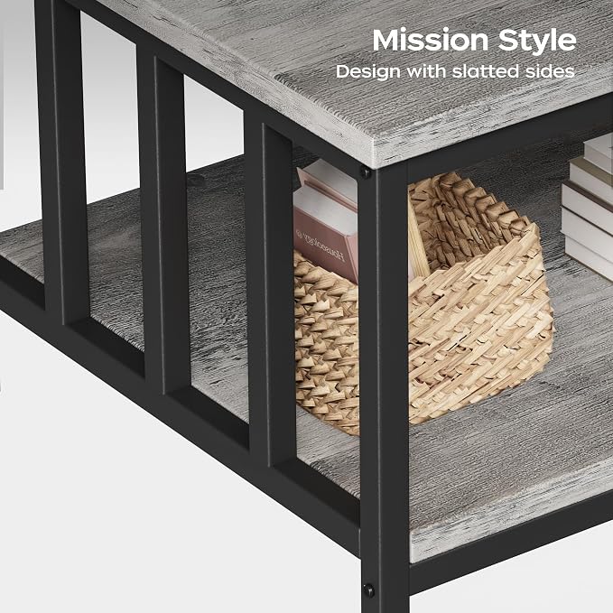 Homeiju Coffee Table for Living Room with Slatted Sides Frame, Modern Farmhouse Living Room Table with 2-Tier Storage Shelf for Home Office, Apartment, Grey Wash, 39 inch
