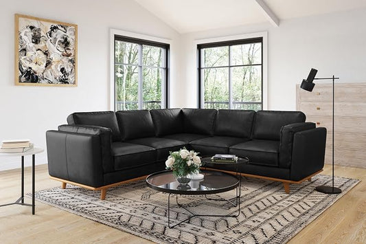 Valencia Artisan Full Leather Sofa - Pure Full Italian Nappa Leather Couch, Solid Wood Accent, Ultimate Comfort (Black, L-Shape Sectional)