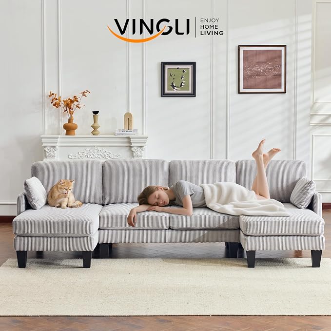 VINGLI 108" W U-Shaped Sectional Couches for Living Room, Sturdy Wooden Armrest Corduroy Cloud Couch with Double Chaise, High Support Modern 4-Seat Sectional Sofa for Apartment, Offices, Light Grey