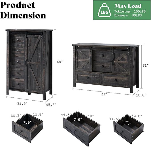 AMERLIFE 5-Piece Farmhouse Bedroom Furniture Set, Dresser & Nightstand Set of 2 with Storage Cabinet & Sideboard, Sliding Barn Door Wood Bedroom Set for Bedroom/Living Room, Black Oak