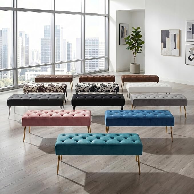 DUHOME Modern Velvet Bench Ottoman, Upholstered Bedroom Benches Footrest Stool Button-Tufted Table Bench Dining Bench with Gold Metal Base for Entryway Dining Room Living Room Bedroom, Atrovirens