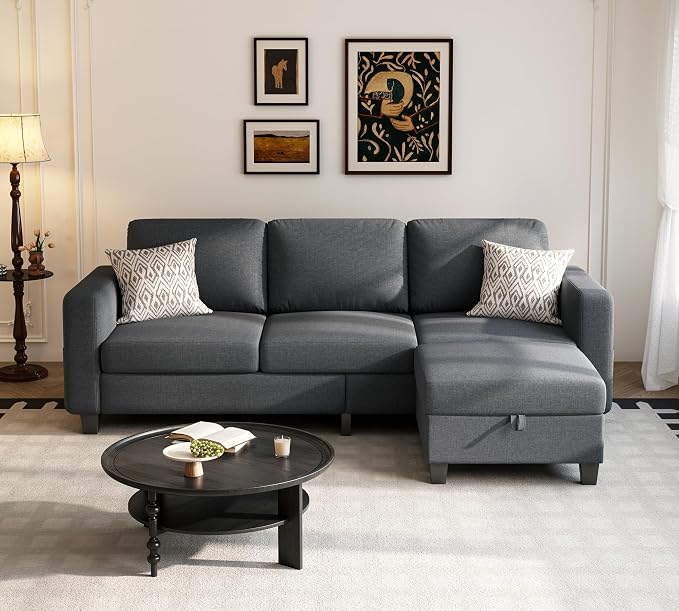 Youmumeub 78" Sectional Sofa Couches for Living Room, 3 Seat L Shaped Convertible Couch with Storage Ottoman, Comfortable Pet-Friendly Linen Sofa Set for Small Space, Apartment, Office, Dark Grey