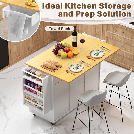 YESHOMY Kitchen Island on Wheels with Trash Cabinet, 56" Mobile Cart with Drop Leaf and Drawers, Rolling Portable Table with Spice Rack & Towel Holder for Dining Room, White & Brown