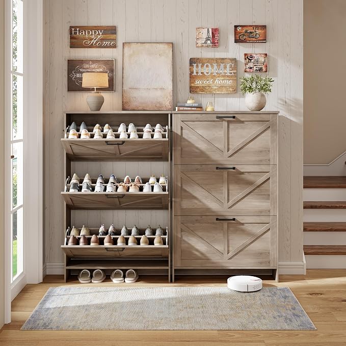 Nicetree Farmhouse Gray Shoe Cabinet – Ultra Slim 3-Drawer Flip Organizer with Shaker Barn Door Accents, 3 Adjustable Shelves, and Freestanding Compact Design, Shoe Rack Stores Multiple Pairs