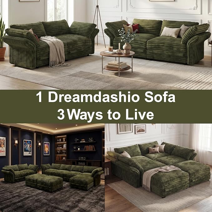 DreamDashio 159” 6-Seat U-Shaped Sectional Sofa, Oversized Extra Wide Deep Seat Detachable Modular Cloud Couch, Certified Corduroy Fabric with Storage & High Backs, for Home Theater, Green