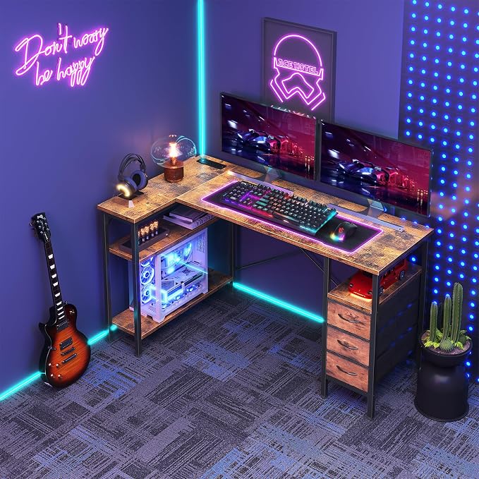 DUMOS L Shaped Desk with Shelf Drawers 55 Inch, Brown Corner Computer Desks Gaming with Power Outlet, Study Table with Adjustable Shelves, Home Office Tables for Bedroom Teacher Reading Writing