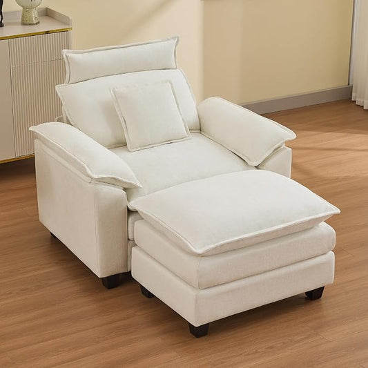 46''Cloud Oversized Sofa Chair with Detachable Headrest, Upholstered Comfy Arm Accent Chair with Ottoman,Modern Chenille Reading Lounge Armchair for Living Room,Bedroom, Beige