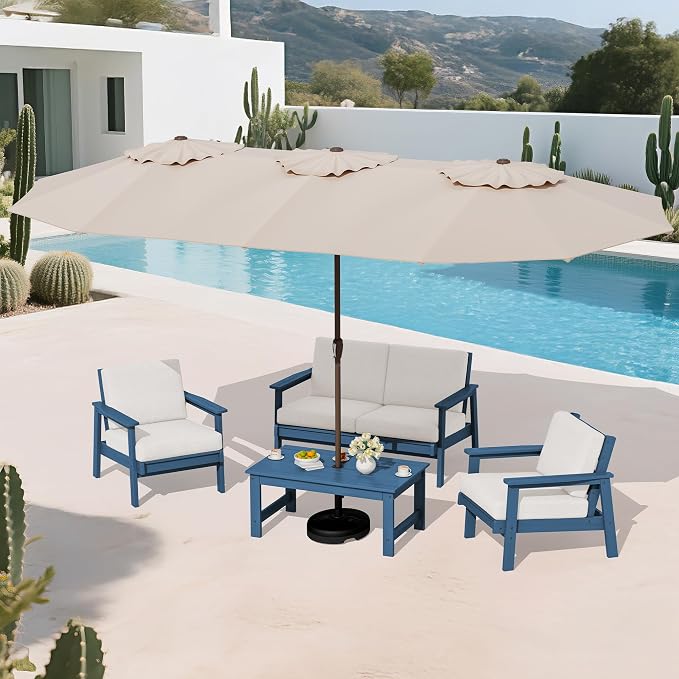 SERWALL HDPE Patio Furniture Set with 15FT Double Side Patio Umbrella, All Weather Wood-Like Outdoor Sofa Sectional Couch, Blue Patio Furniture with Khaki Cushions