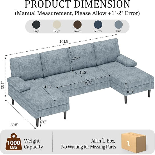 Korser U-Shaped Sectional Couches for Living Room, 101" Modular Sofa Set with Double Chaise, 4-Seat Chenille Couch with High-Density Foam for Apartment, Pewter