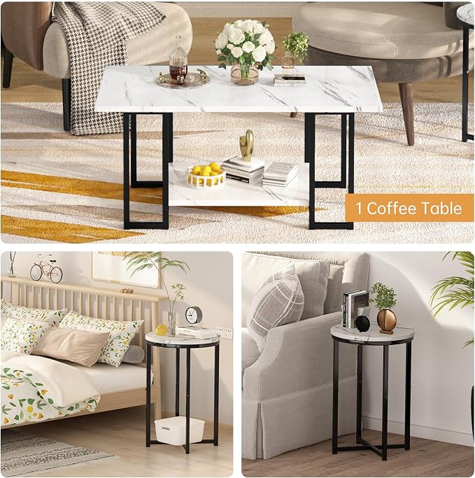 Lamerge 3 Pieces Living Room Table Set, Faux Marble Coffee Table with 2 Round End Side Tables, Coffee Table Set with Metal Frame for Apartment Home Office, White Black