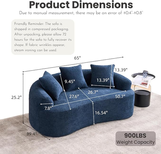 65" Curved Loveseat,Deep Seat Cloud Floor Couch with 3 Backrest,Cozy Chenille Fabric,Small Loveseat for Small Spaces,Bedroom,Office,Apartment (Blue, 65 Inch)