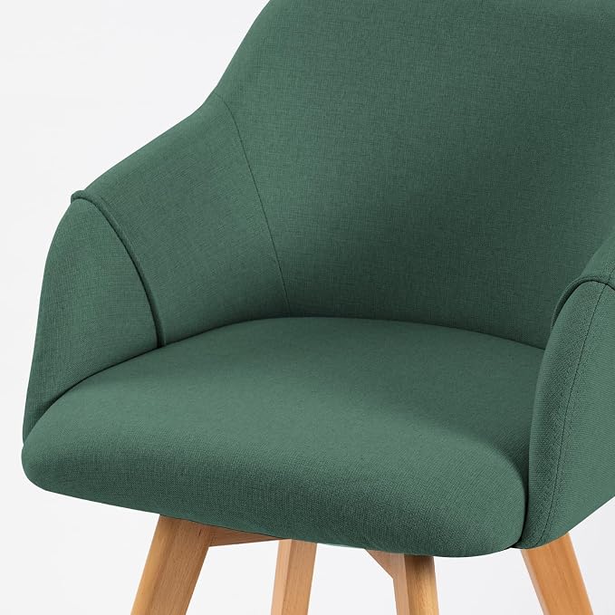 Swivel Dining Chairs Set of 2, Mid Century Modern Dining Chairs with Arms, Wood Legs, Linen Fabric Upholstered Kitchen Chairs for Dining Room Living Room, Comfortable Large Seat, Green