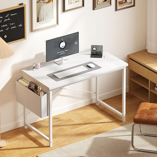 OLIXIS Computer Desk, 44 Inch Home Office Desks for Small Spaces, Writing Craft Study Gaming Table for Bedroom, Modern Computer Workstation with Storage Bag, All White
