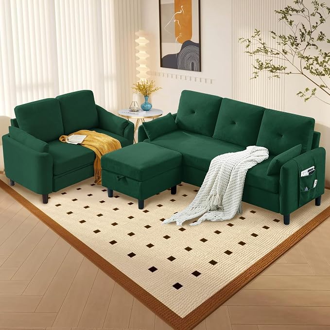 Convertible Sectional Sofa Set, 77" Small L Shaped 3 Seat Couch with Ottoman and 57" Loveseat, Modern Sofa Couches for Living Room, Green