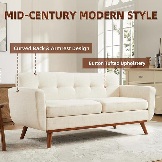 Kingfun 2 Piece Loveseat and Sofa Sets, Mid Century Modern Decor Love Seat Couches for Living Room, Button Tufted Upholstered Furniture, Easy to Install Small Couch for Bedroom, Office, Beige | linen fabric