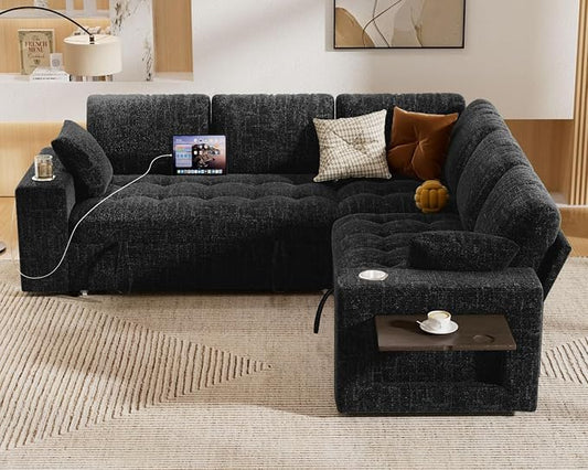 Vipbear 86" Modular Sectional Sleeper Sofa with Pull Out Bed, 5 Seat Chenille L Shaped Couch with USB Ports|Cup Holders|Side Table|Storage Loveseat, Tool Free Assembly, Black