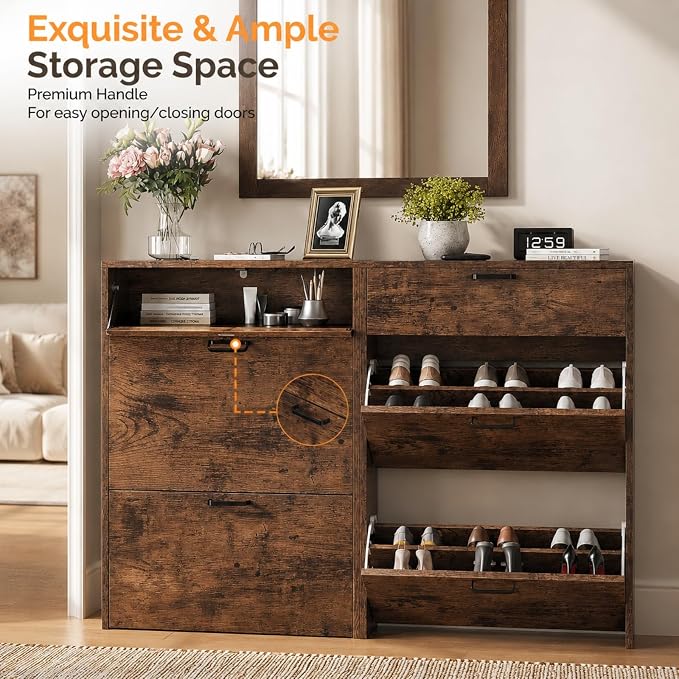 VINGLI Shoe Cabinet Storage for Entryway Ultra Slim with 2 Flip &1Drop-Down Drawers, 24.8" W Narrow Shoe Cabinet for Front Door Entrance,Freestanding Rustic Brown Wood Shoes Organizer for Hallway