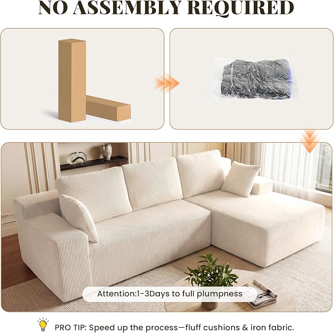 GRUSIGN Cloud Sectional Boneless Couches for Living Room, Modular L Shaped Couch with Deep Seat Oversized Right Facing Chaise, Memory Foam Compressed Spineless 3 Seater Sofa for Apartment, Beige