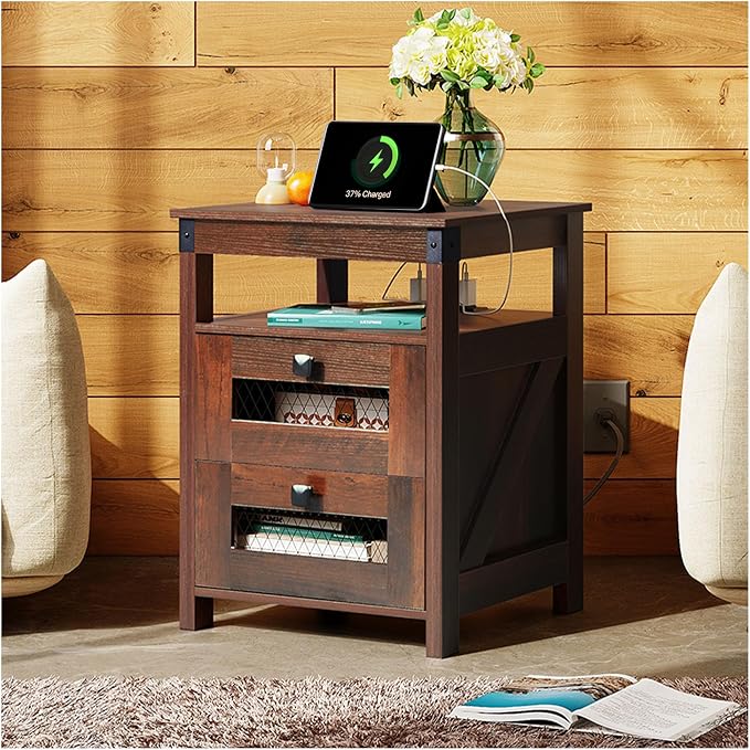 WLIVE Nightstand with Charging Station, Farmhouse End Table, Bed Side Table with 2 Storage Drawers and Open Shelf, Wood Rustic Nightstands for Bedroom, Espresso
