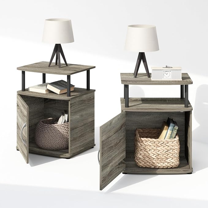 Furinno TIDUR Night Stand Set of 2, Nightstand with Open Shelf and Door Cabinet, Round Corner Bedside Table, End Table, Side Table, for Bedroom, Closet, Dorm, French Oak