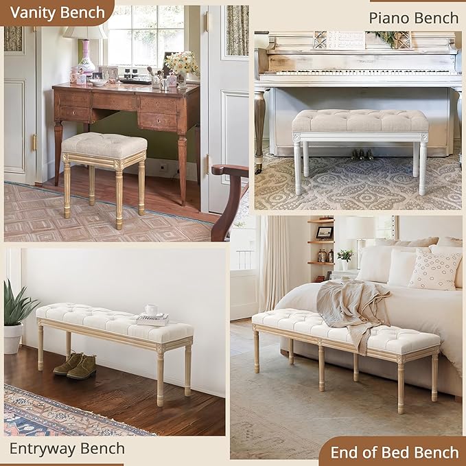 LUE BONA Upholstered Fabric Vanity Bench Seat, Makeup Stools for Vanity, Square Tufted Ottoman Bench with Carved Wood Color Legs for Bedroom Living Room, Linen Color