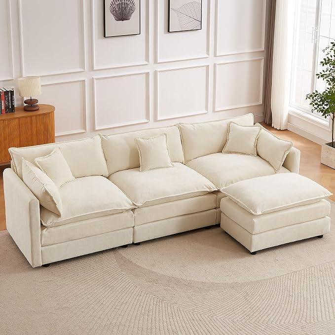 Modular Sectional Sofa, 112.2 Inch L Shaped Couch Set with Armrests, 3-Seater Comfy Cloud Couches with Movable Ottoman for Living Room Apartment, Beige