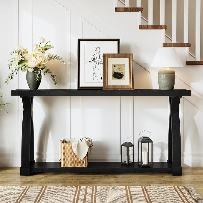 Solid Wood Console Table for Entryway, 63-Inch Narrow Farmhouse Couch Table Behind Sofa with 2-Tier Storage for Entrance, Foyer, Living Room, Long, Black (Black)