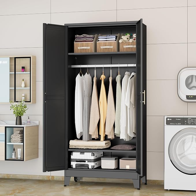 erosoei 71 "Metal Armoire Wardrobe Closet, Steel Clothing Storage Cabinet with Adjustable Shelves and Hanging Rod, Household Steel Wardrobe Storage Cabinet with Adjustable Standing feet(Black)