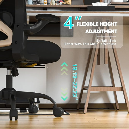 Ergonomic Home Office Chair – 4-Way Lumbar Support, 3.54" Extra-Thick Seat Cushion, Breathable Mesh Back, Flip-Up Arms, Swivel Computer Desk Chair for All-Day Sitting, 330LBS