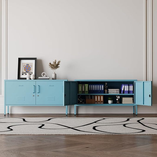 Blue Metal Accent Cabinet Locker with Lock, 2-Door Wide Storage Cabinet, Adjustable Shelves, Multifunctional TV Stand & Entertainment Center for Bedroom, Living Room