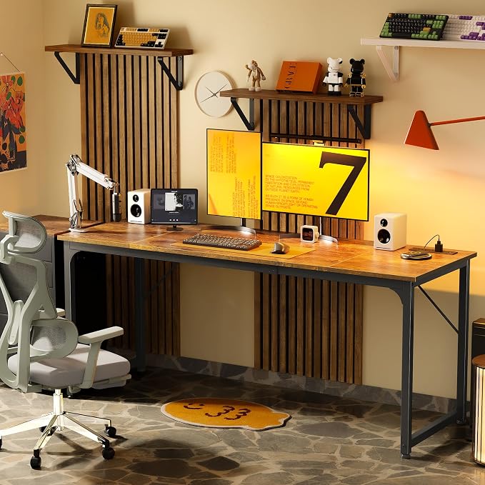 PRAISUN 70 X 24 Inch Office Computer Desk with Power Outlets and USB-C Port, Larger and Longer Gaming Desk, for Home Office, Study, Writing Work from Home Table, Metal Frame, Rustic Brown
