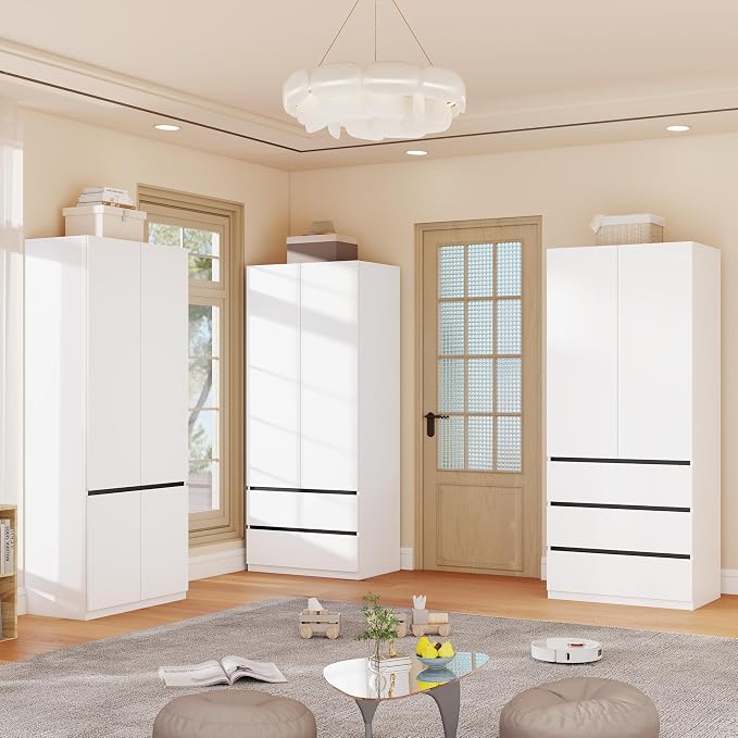 Armoire Wardrobe Closet with Drawers:75" Large White Wardrobe Closet Cabinet with 6 Doors for Hanging Clothes, Modern Wooden Bedroom Armoires with 5 Drawers and Storage (A+B+C, 94.5")