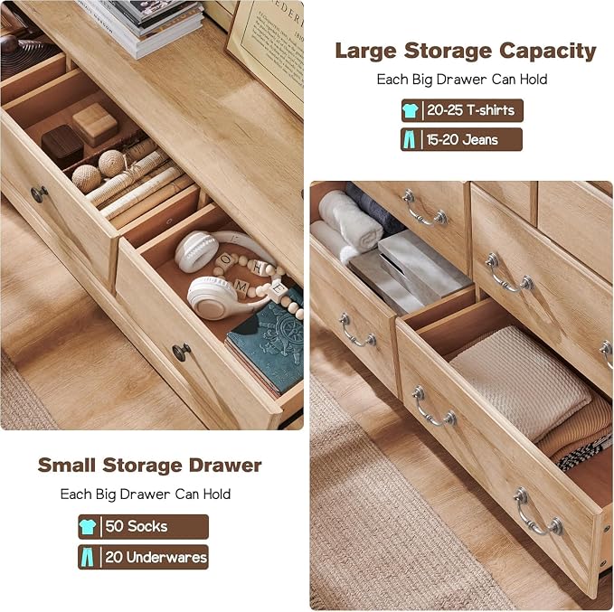 T4TREAM Farmhouse Dressers & Night Stand Set of 4, 54" Wide 7 Drawer Dresser & 48" Tall 6 Drawers Chests, 18" Wide 2 Drawers Side Table Set of 2, Furniture Dresser Sets for Home, Natural Oak