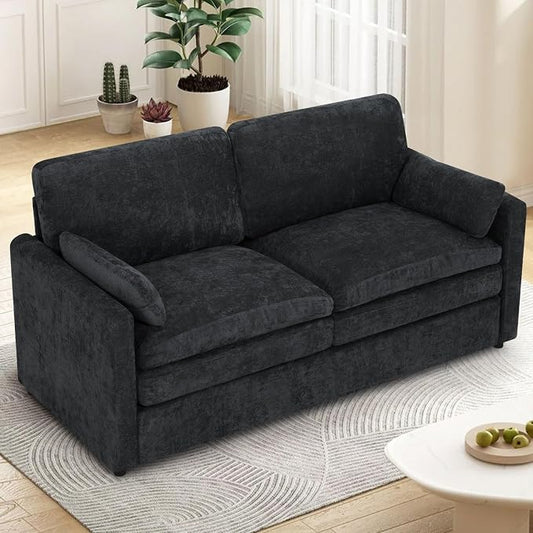 69” Chenille Love seat Sofa w/Arm Pillows, Upholstered 2 Seater Sofa w/Comfortable Back Cushions, Modern 2 Seats Couch w/High-Density Foam for Living Room, Apartment, Office, Black