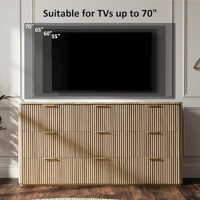 Dresser for Bedroom with 9 Drawers, 63"W Chest of Drawers, Fluted Dresser with Faux Marble Top, Curved Profile Design, Metal Handle, Wood Closet Storage Organizer for Living Room, Hallway, Natural Oak