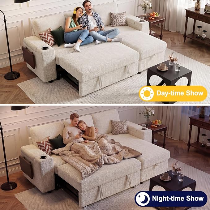 Vipbear Premium 86" Modular Sectional Sleeper Sofa, 3 Seat Chenille Sofa with Pull Out Bed, L Shaped Couch with Storage Chaise & Armrests|USB Ports|Cup Holders|Side Table, White