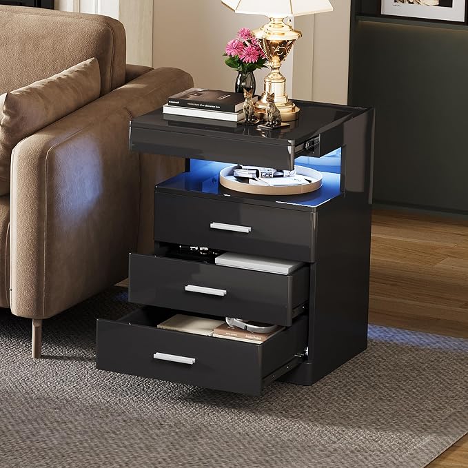 Treocho Led Nightstand with Hidden Space, Modern Night Stand with Charging Station, 3 Drawer Smart Nightstand with Glossy Finish, Tall Bedside Table with RGB Lights for Bedroom, Black