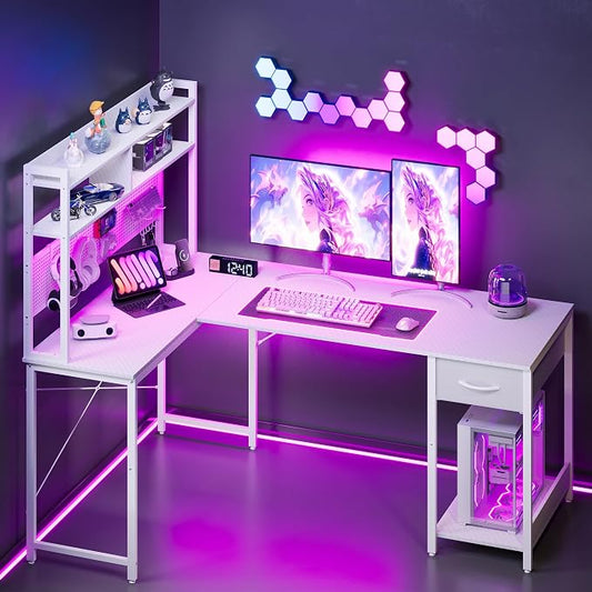 Apicizon L Shaped Gaming Desk 53", Reversible Corner Computer Desk with LED Lights, Carbon Fiber Surface, Pegboard with Hooks, Drawer & PC Tower Stand, USB Charging Port