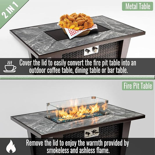 42" Propane Gas Fire Pit Table 50000 BTU Rectangular Outdoor Fire Pit with Ceramic Tile Tabletop Glass Wind Guard, Steel Patio Fire Table & PE Wicker Panel, Lid Rain Cover for Backyard Garden, Gray