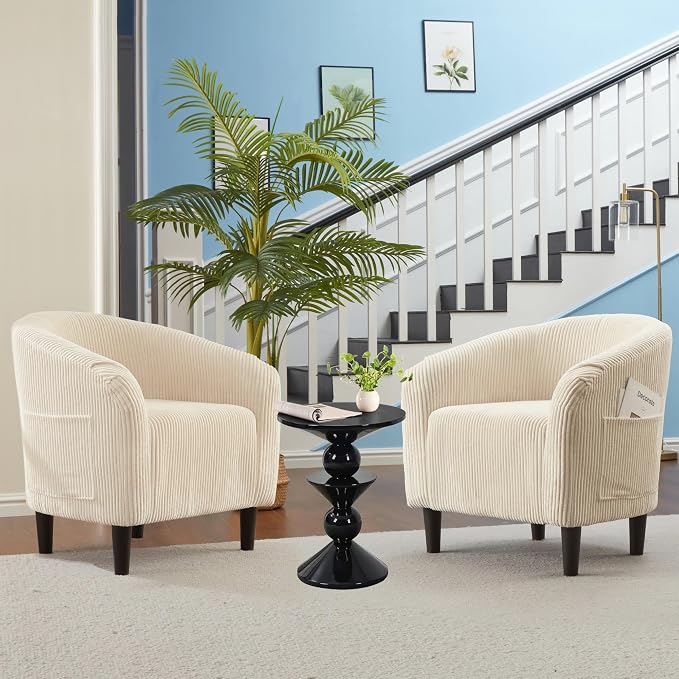 GarveeHome Barrel Accent Chair Corduroy Club Chair Elegant Armchair Cozy Backrest for Living Room Bedroom Reception Room Office - Beige