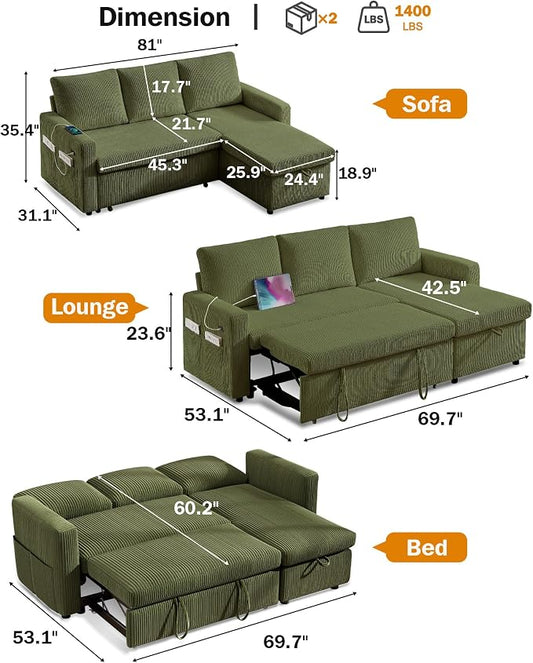 Vipbear 80" Sectional Sleeper Sofa Bed with Pull Out Bed, L Shaped Couch Pull Out Couch with Reclining Backrest, Reversible Storage Chaise, USB Ports, Tool-Free Assembly, Corduroy Olive Green