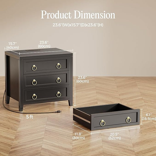 Huuger 23.6 Inch Night Stand with Charger Station and USB-C Port, 3 Drawer Nightstands Set of 2, Larger Wider Bedside Table, Modern End Table, for Bedroom, Black Nightstand