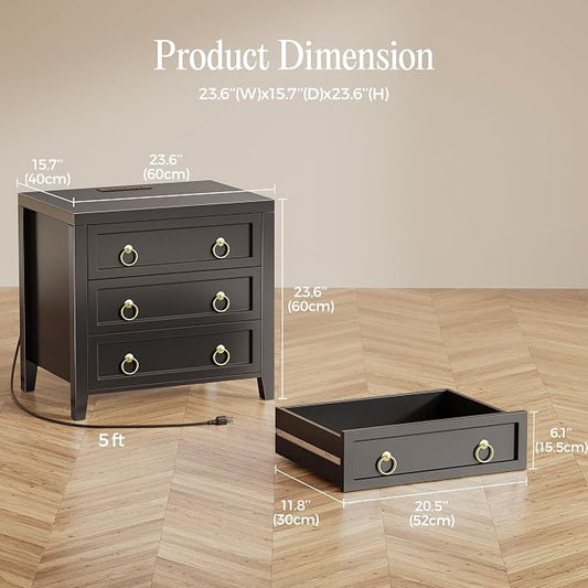 Huuger 23.6 Inch Night Stand with Charger Station and USB-C Port, 3 Drawer Nightstand, Larger Wider Bedside Table, Modern Side End Table, for Bedroom, Black Nightstand