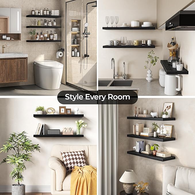 Fun Memories Floating Shelves for Wall 36 Inch Set of 3, Farmhouse Floating Shelves with Invisible Heavy Duty Bracket, 10 Inch Deep Bathroom Shelves for Storage, Living Room, Kitchen, Decor, Black